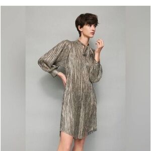 Sabina Musayev Gold Pleated Long Sleeve Cocktail Dress